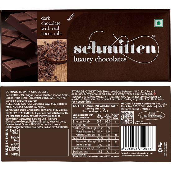 Picture of Schmitten Luxury Dark Chocolate Real Cocoa Nibs, 70 g (Pack of 3)