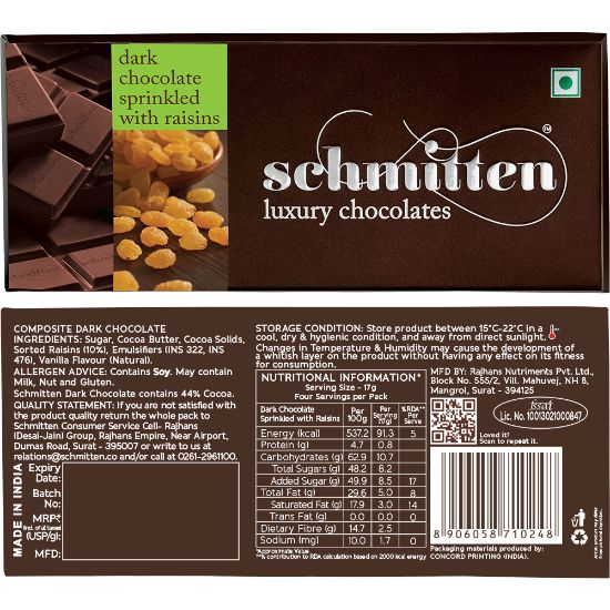 Picture of Schmitten Luxury Dark Chocolate Sprinkled With Raisin, 70 g (Pack of 3)