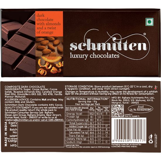 Picture of Schmitten Luxury Dark Chocolate Almond And A Twist of Orange, 70 g (Pack of 3)