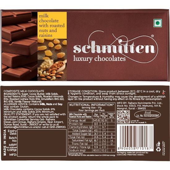 Picture of Schmitten Luxury Milk Chocolate Roasted Nuts And Raisins, 70 g (Pack of 3)