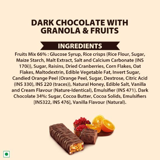 Picture of Schmitten Hoppits Granola and Fruits Filled Real Dark Chocolate Bar, 40g (Pack of 4)