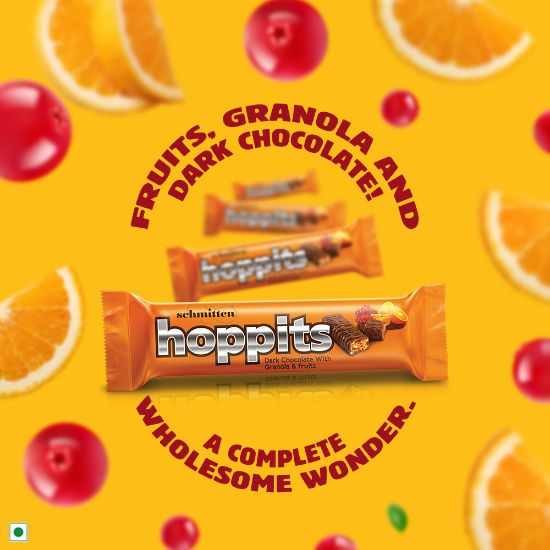 Picture of Schmitten Hoppits Granola and Fruits Filled Real Dark Chocolate Bar, 40g (Pack of 4)